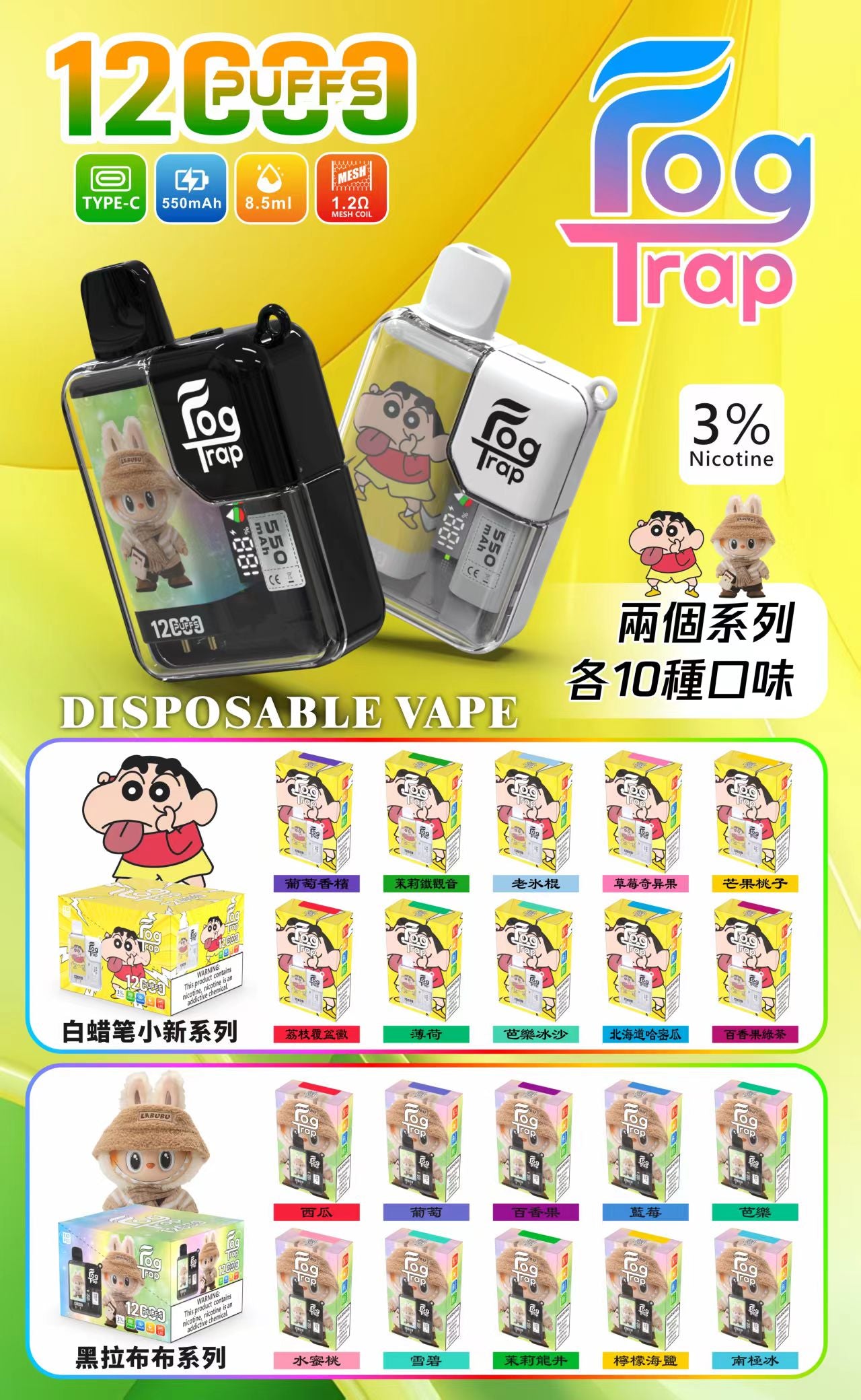 Fog Trap 12000口大容量拋棄式電子煙 | 拉布布・蠟筆小新聯名款 | 8.5ml・LCD 顯示 |VAKA糖果雲煙館