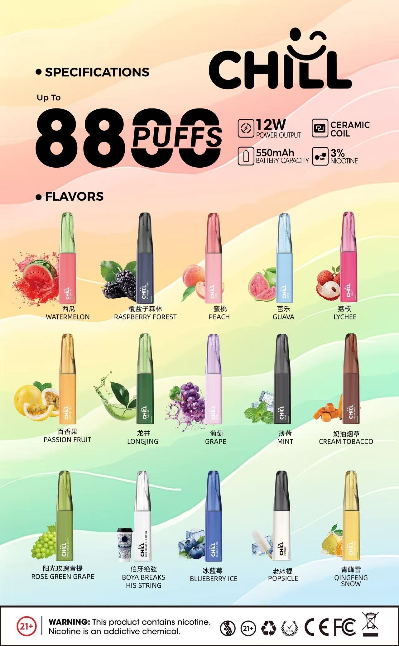 新品上市【CHILL8800口拋棄式】一次性8800口puffs電子煙/10種口味-VAKA糖果雲煙館